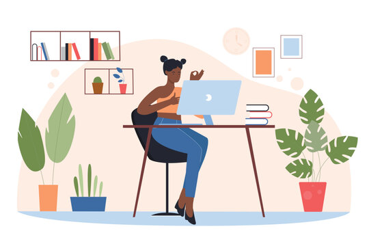 Online study of female student at home. Happy girl training at desk with computer and library books, doing homework or tests for exam flat vector illustration. Distance education, university concept