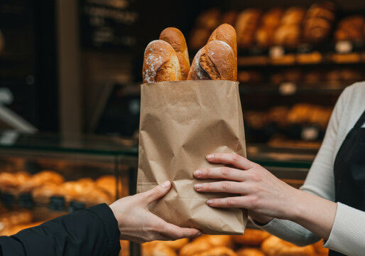 Fresh baguettes in a paper bag being handed to a customer at a bakery counter - Powered by Adobe