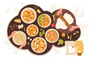 Pasta on dinner, Italian food. Top view of hands cooking and eating cooked spaghetti with vegetables, shrimp and cheese, rolling out pasta dough on kitchen or cafe table flat vector illustration