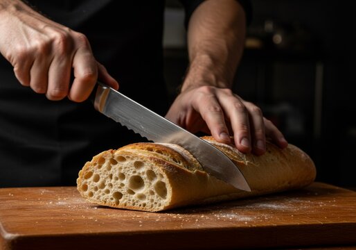 Man slicing a crusty baguette on a wooden cutting board with a bread knife