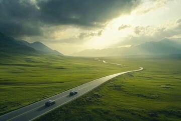Winding road through a vast green valley, with cars driving towards a bright sunlit horizon, under a dramatic sky of clouds