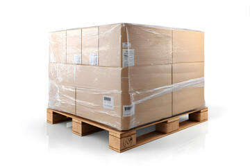 Cardboard boxes on pallet (wrapped). Stack of cardboard boxes wrapped in plastic on wooden pallet.