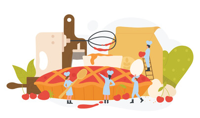 Cooking pie for restaurant or cafe sweet menu or bakery. Team of tiny pastry chefs in hat and uniform standing near baked dessert with flour, kitchen utensils and equipment flat vector illustration