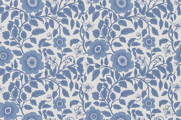 Elegant blue floral pattern with large blossoms and detailed leaves on a light background evoking a classic vintage wallpaper aesthetic