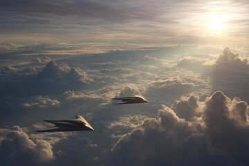 Two planes fly high above a sea of clouds as the sun shines in the distance, illuminating the scenery.
