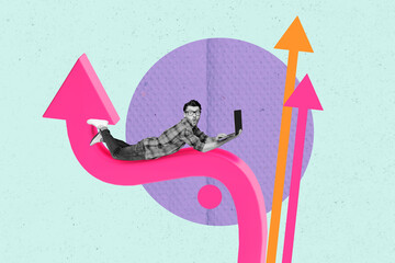 Collage of successful person near large rising arrow or stats symbolizing financial growth business...