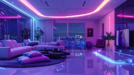 Futuristic, high-tech luxury room Cyber living space, neon lights, reflective surfaces