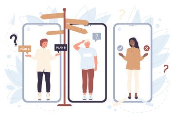 People making decision, standing on screens of mobile phones with signpost arrows vector illustration. Cartoon person thinking about question, need help of coach. Indecision, psychology concept