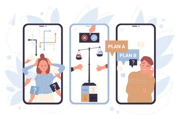 People choose right decision or success strategy, making analysis on screens of mobile phones vector illustration. Cartoon undecided persons with multiple questions, balance scales with choices