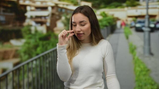 Young blonde woman in white sweater outside on street making small size gesture with hand, stands on walkway with blurred urban background, suggesting something tiny.