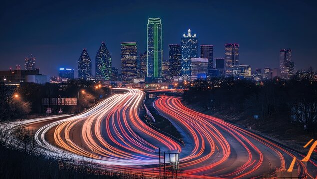 Night cityscape of a major US city, with a highway of light trails winding through - Powered by Adobe