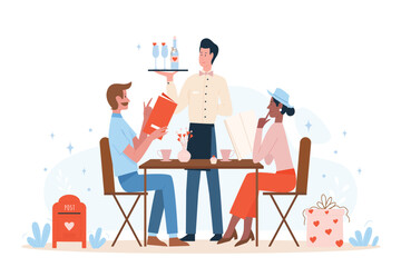 Lovely couple celebrating valentine day on romantic restaurant dinner. Celebrating love and beautiful relationship flat vector illustration