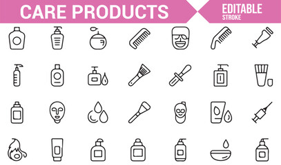 Set of icons representing a variety of beauty, hygiene, and skincare products for health and wellness.