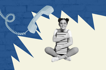 3d full poster artwork collage of happy manager girl guy stand telephone handset telecommunication...
