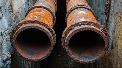 two rusty pipes are shown in a narrow area