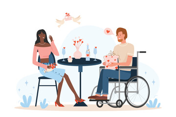 Disabled man celebrating valentine day with his african girlfriend. Romantic relationship and lovely adorable dating couple flat vector illustration