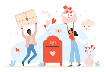 Saint valentine lovely wishes cards and letters post box. Lovers holiday and romantic relationship celebrating flat vector illustration