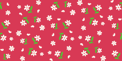 Seamless daisy pattern on raspberry red background