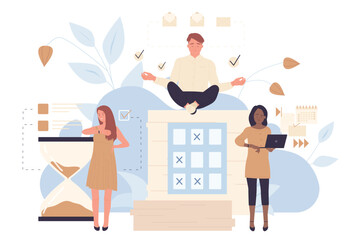 Time management and personal business efficiency vector illustration. Cartoon tiny professional managers with giant stack of documents, hourglass and job done on time, characters looking at clocks