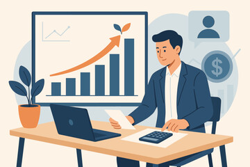 Businessman analyzing financial data for long-term investment growth. Professional accountant at desk with calculator planning company finance balance and business strategy with charts.