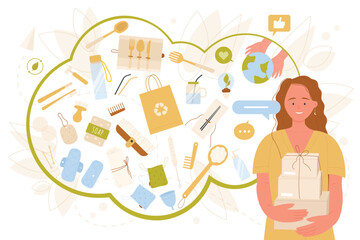 Girl with paper boxes and with collection of reusable hygiene items vector illustration. Cartoon person shopping, buying alternative eco friendly gifts made of wood and glass. Zero waste concept
