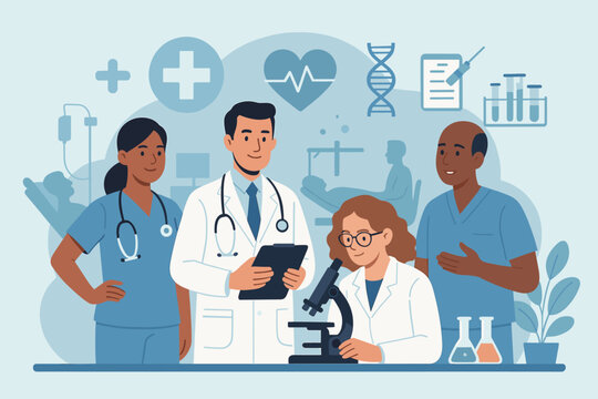 Group of doctors and nurses concept. Medical staff team working in hospital or clinic. Scientist with microscope in laboratory. Healthcare, medicine, and scientific research. Flat vector illustration.