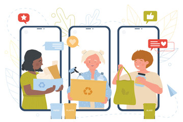 Kids sorting plastic, glass and paper on screens of mobile phones vector illustration. Cartoon children activists standing with boxes to sort trash waste in recycle containers, cleaning environment