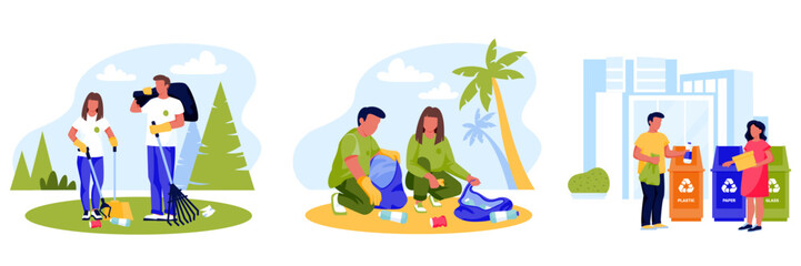 Fototapeta premium Vector illustration of volunteers clean plastic waste in park, beach, city. Eco concept of recycling, environmental care
