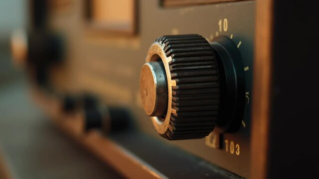 Close-up of retro radio tuning knob with analog frequency dial, metallic texture and worn numbers, warm vintage lighting, concept of nostalgia and classic technology.

