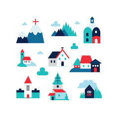 Obraz premium Sixteen Scandinavian Village Illustrations Houses Nature and Cozy Details