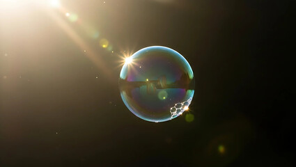Iridescent Soap Bubbles Floating in Sunlight on Dark Background