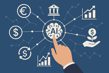 Hand Touching AI Banking Network, Artificial Intelligence Technology Connecting Finance, Currency Exchange, Stock Market Trading, Investment Growth, Digital Money Management Concept