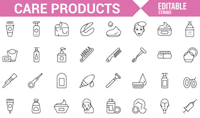 Line art icons for beauty products, including lotions, shampoos, creams, and hygiene essentials.