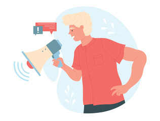 Communication male manager speaking with loudspeaker. Public relation message consultant flat vector illustration