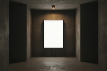 Minimalist modern art gallery hallway with a single illuminated blank canvas on a dark concrete wall and a spotlight above