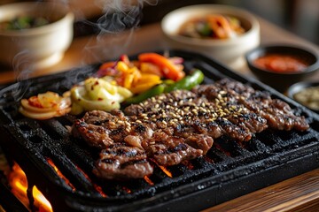 Korean barbecue sizzling on the charcoal grill, accompanied by a variety of vegetables and sauces