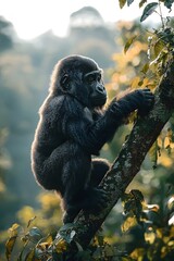 Obraz premium A gorilla climbs on a tree branch, with soft sunlight shining on it