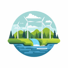 Naklejka premium Flat design landscape with clean rivers, forests, wind farms, and mountains
