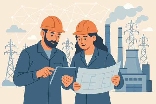 Industrial engineers teamwork at power plant. Male and female engineers in hard hats analyzing blueprints and tablet data. Electricity, energy station, teamwork, network, technology, project planning. - Powered by Adobe