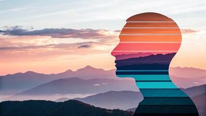 Silhouette of a human head filled with a vibrant mountain landscape at sunset