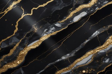 Elegant black marble texture with luxurious swirling veins of white and shimmering gold accents creating a sophisticated and opulent abstract background design