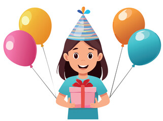 Happy Girl Celebrating Birthday with Balloons and Gift
