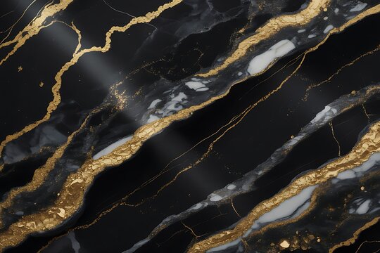 Elegant black marble texture with luxurious swirling veins of white and shimmering gold accents creating a sophisticated and opulent abstract background design