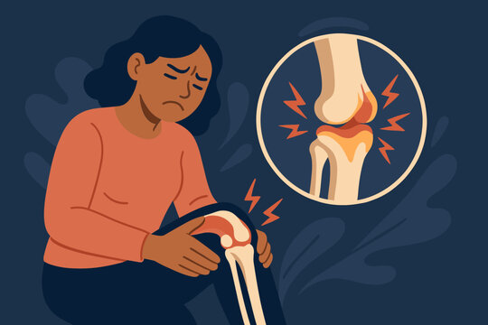 Osteoarthritis knee pain concept illustration. Woman suffering joint inflammation, rheumatoid arthritis, tendon problems, cartilage damage. Medical anatomy, chronic disease, vector cartoon