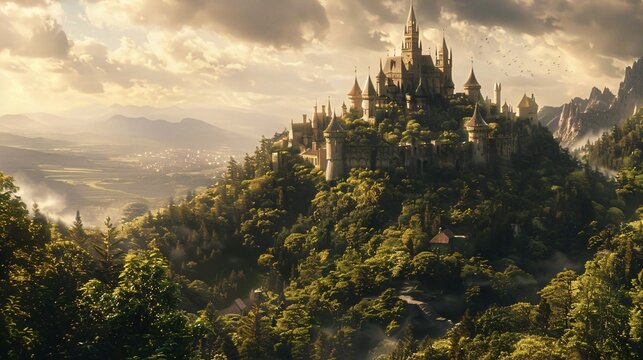 Illustrate a fantasy landscape featuring an ancient castle atop a hill
