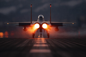 Fighter Jet on Runway: Powerful Engines Ignited for Takeoff into Dark, Cloudy Sky. Show of Force and Power.