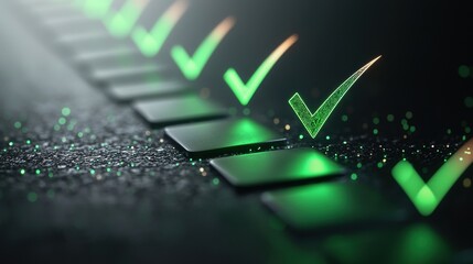 tick Checkbox A series of checkboxes on a digital form, some filled with green checkmarks and others empty, representing choices, options, and user selection.