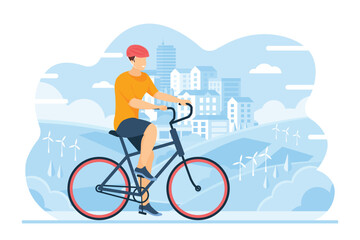 Fototapeta premium Eco road travel of man on bike. Healthy ride of young cyclist in safety helmet in modern city landscape with houses and windmills flat vector illustration. Sport, green lifestyle, transport concept