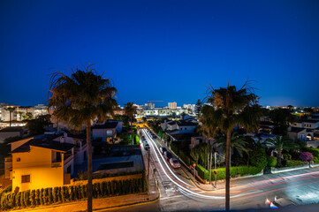 night view of the city in Mallorca with car lights