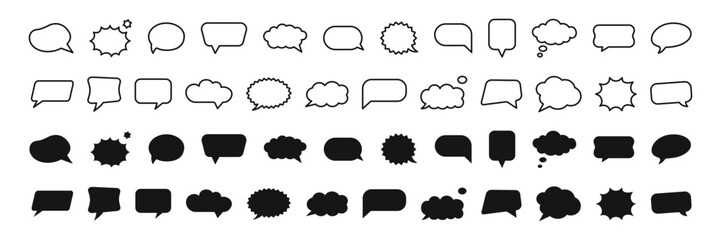 Comic speech and thought bubbles set – outline and solid icons collection. Vector